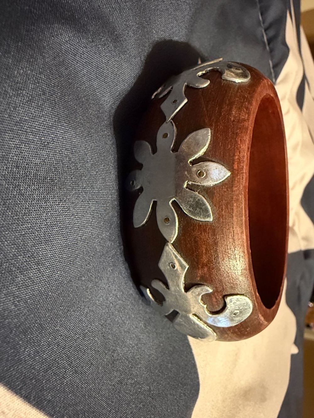 Buckle Brown Wood Bangle Bracelet with Silver Floral Accents